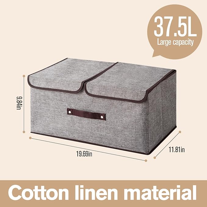 Linen Storage Boxes with Removable Dividers, 2-Pack Large Foldable Organizer Bins, Gray Fabric Containers with Handles for Clothes, Blankets, Underwear Storage (Green, 2Pack*37.5L)