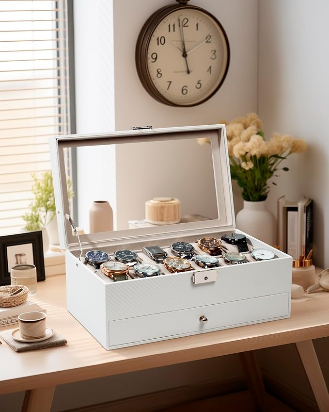 GUKA Watch Box, 12 Slot Watch Case, Watch Cases for men with Real Glass Lid, Synthetic Leather Watch Organizer storage with Jewelry Case, Birthday for Men and Women, White, GK-012-WTC
