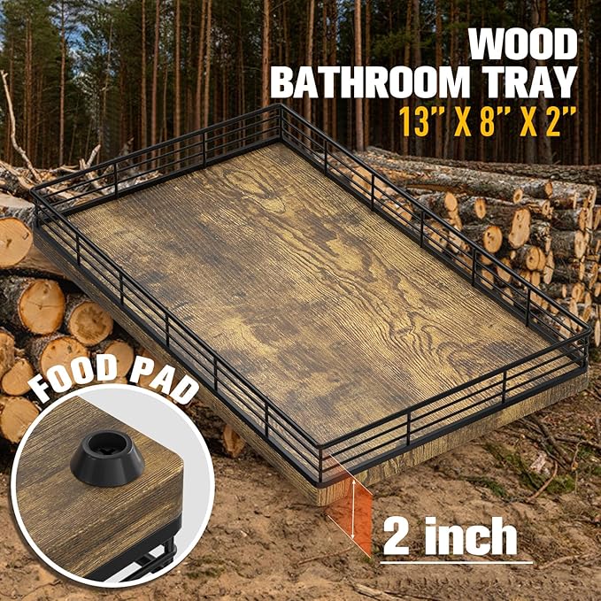 Large Bathroom Vanity Tray – 13" x 8" Decorative Wooden Tray for Bathroom Countertop & Vanity Organizer, Wood Tray for Perfume, Skincare Accessories Storage, Vanity Dresser Decor Black & Rustic Brown