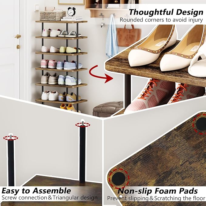 AZERPIAN Shoe Rack 9 Tier Vertical Storage Organizer Double Row Narrow Metal Slim Shelf Modern Free Standing Shoe Tower Saving Space for Closet Entryway Bedroom,Black+Rustic Brown