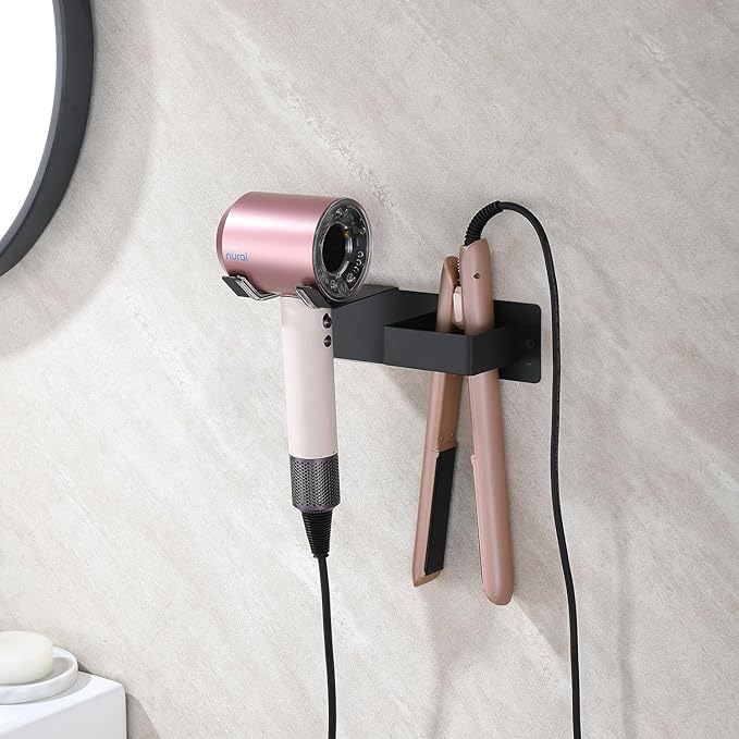 Hair Dryer Holder Wall Mounted, Stainless Steel Blow Dryer Holder for Bathroom, Hair Dryer and Straightener Holder Adhesive or Drilling, Hair Tool Organizer for Salon Barber Shops Black BANJEKT