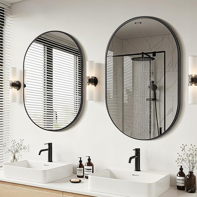 Oval Bathroom Mirror for Wall, 2 Pack 24"x36" Bathroom Vanity Mirror for Over Sink, Bedroom, Living Room, Entryway, Metal Frame & HD Shatterproof Glass, Wall Mounted Horizontally or Vertically(Black)