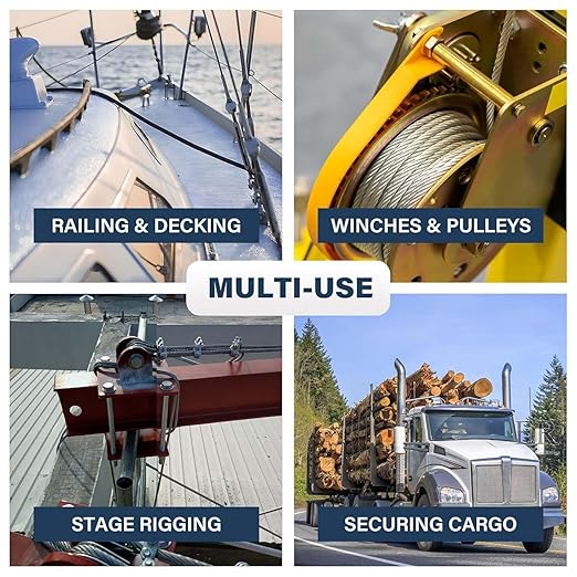 3/16 Wire Rope, 150ft Stainless Steel Cable with Wire Rope Clamps & Thimble, 3700lbs Breaking Strength, 7X19 Strands Aircraft Cable for Zipline, Deck Railing, Clothesline