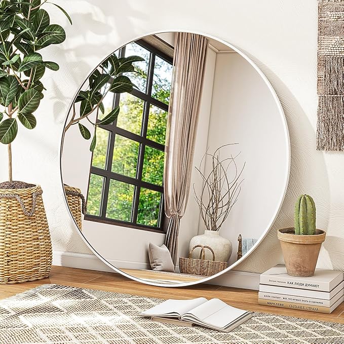 White Round Mirror, 20 Inch Circle Bathroom Mirror with Metal Frame, Wall-Mounted for Entryway, Bathroom, Vanity, Living Room