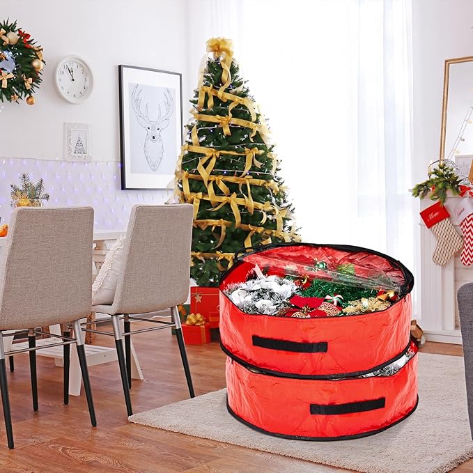 4 Pcs Christmas Wreath Storage Bag, Christmas Garland Storage Container with Clear Window, Zipper & Handle for Xmas Holiday Seasonal Wreath Garland Box(Red,30")