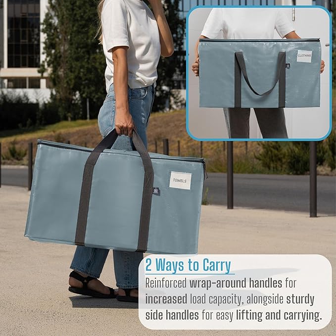 VENO 4 Pack Moving Bags, Upgraded Heavy Duty, Moving Boxes Alternative, Packing Storage Supplies for Dorm Room Essentials with Zipper for Clothes, Large Totes for Packaging (Light Blue, 4 Pack)