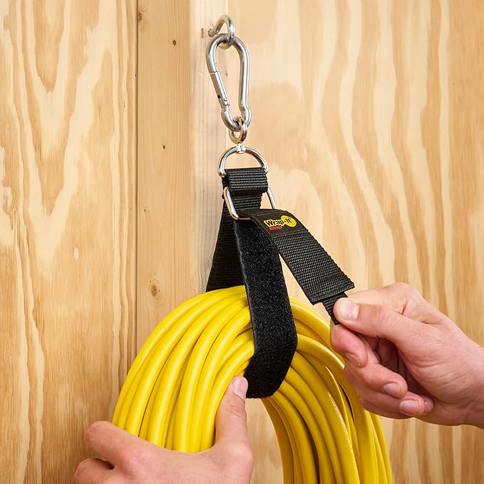 Hook 'n Hang Wrap-It Storage Straps - 18" (2-Pack) Black - Carabiner Straps to use as an Extension Cord Holder with Hooks