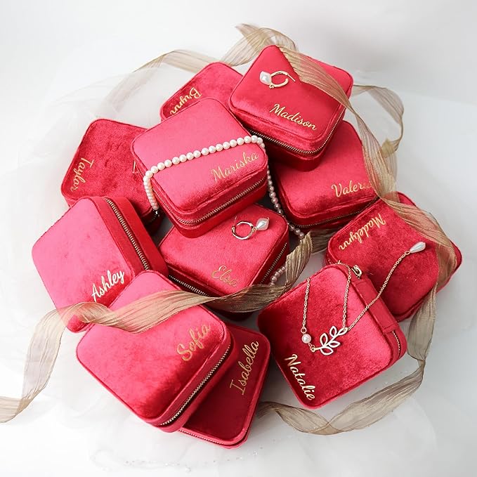 Customizable Compact Velvet Jewelry Box with Mirror, Travel Jewelry Case, Travel Jewelry Organizer, Jewelry Box for Women and Girls, Small Jewelry Organizer (Bottom Right Text, Wine Red)