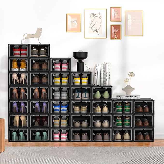 12 Pack Hard Sturdy Thickened Rigid XX Large Shoe Storage Organizer for Closet, Clear Stackable Sneaker Shoe Boxes Rack Containers Display Case Bins with Lids, Black03