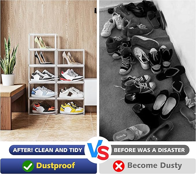 12 Pack Clear Shoe Boxes for Sneakers, Size 12 Acrylic Shoe Storage Under Bed Stackable Handbag Organizer with Magnetic Lid Collection Acrylic Display Case