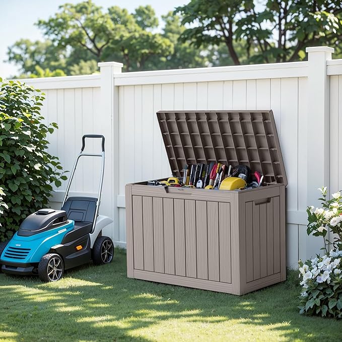 Vixzen 45 Gallon Waterproof Resin Deck Box, UV Resistant Outdoor Storage for Garden, Patio, Porch, Delivery(Grey,45 Gallon)