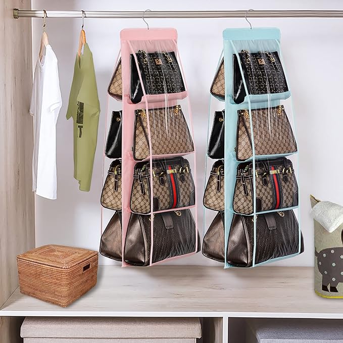 Lirex 2 Pack 8-Pocket Hanging Purse Organizer Bundle, Minimalist Style, Hanging Handbag Organizer for Closet, Light Blue and Light Pink