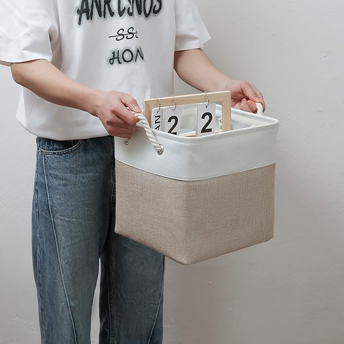 11 x 11 Inch Cube Storage Bins, 6 Pack Large Collapsible Fabric Storage Bin with Ropes, Foldable Storage Cubes for Home, Office,Closet, Clothes, Toys Organizer (White & Beige-11"x11"x11")