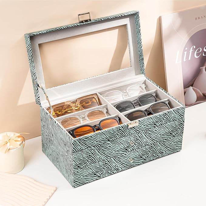 ProCase 3-layer Sunglasses Storage Organizer, 18 Slots Leather Sunglass Box Multiple Pairs Eyeglass Cases Eye Glass Eyewear Display Holder for Men Women -Stripe