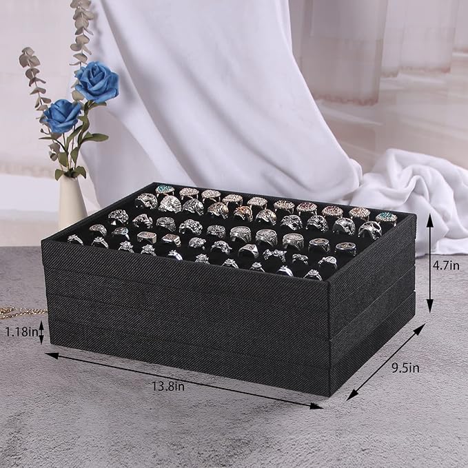 Julysky 4 Pcs/set Stackable Jewelry Organizer Trays for Drawer,100 Slots Ring Tray,Necklace Tray,12 Grid,24 Grid Jewelry Displays for Selling,Black