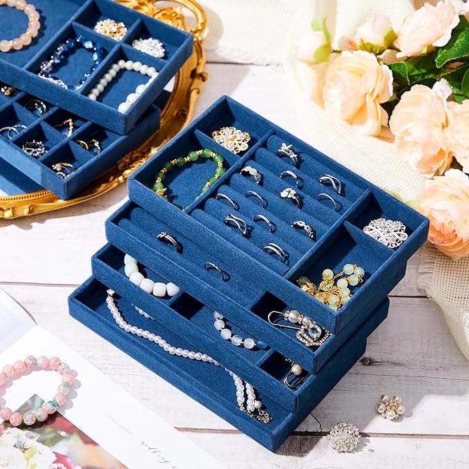 Junkin 18 Pcs Velvet Jewelry Tray Stackable Jewelry Drawer Organizer Jewellery Box Divided Display Tray for Earring Bangle(Peacock Blue)