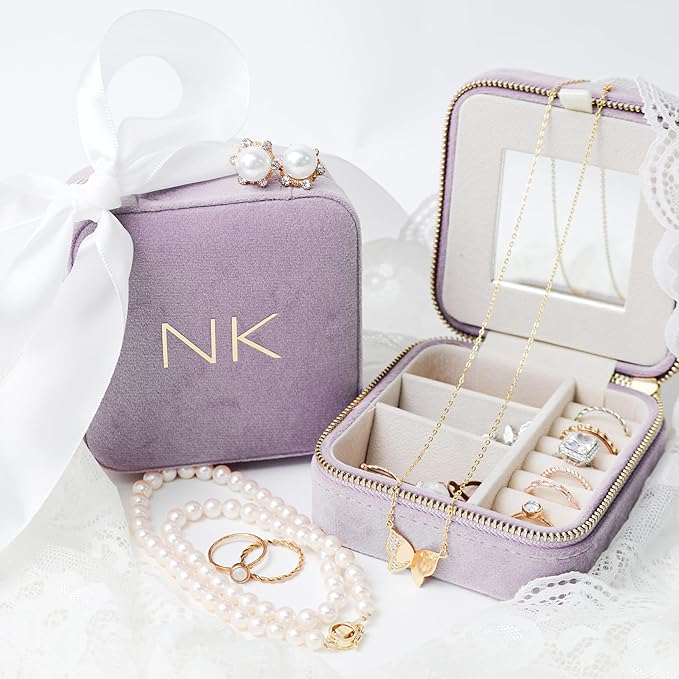 Customizable Compact Velvet Jewelry Box with Mirror, Travel Jewelry Case, Travel Jewelry Organizer, Jewelry Box for Women and Girls, Small Jewelry Organizer (Center Text, Lavender Pink)