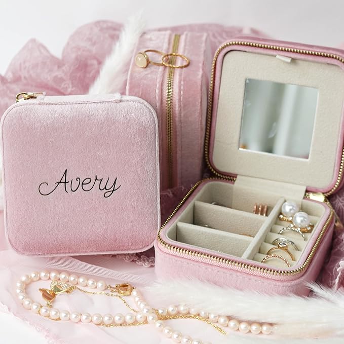 Customizable Compact Velvet Jewelry Box with Mirror, Travel Jewelry Case, Travel Jewelry Organizer, Jewelry Box for Women and Girls, Small Jewelry Organizer (Center Text, Powder Pink)