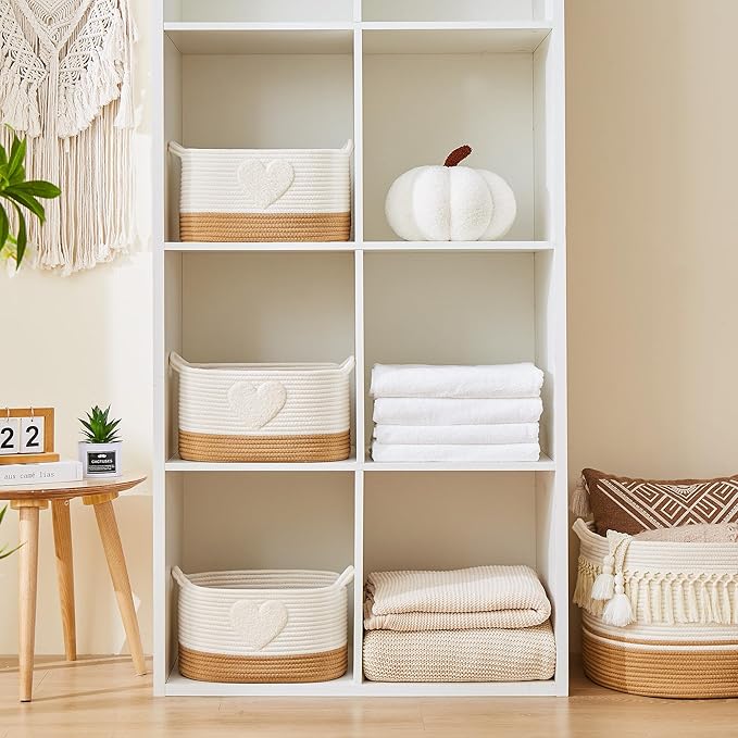 Storage Bins Woven Baskets for Storage Set of 3, Cotton Rope Basket with Handles for Toys/Shelves/Laundry, Rectangle Multi-Purpose Organizer for Living Room, Bedroom, Nursery (Heart)