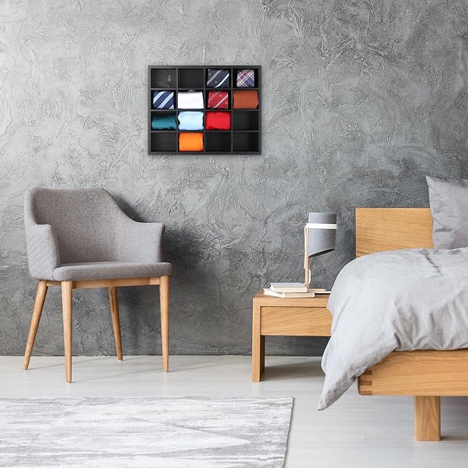 Wesiti Tie Box Organizer Wall Mounted Tie Rack with 16 Compartments Bamboo Belt Holder for Men Scarf Necktie Home Wall Closet(Black Color,1 Piece)