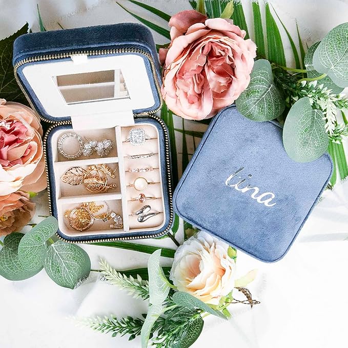 Customizable Compact Velvet Jewelry Box with Mirror, Travel Jewelry Case, Travel Jewelry Organizer, Jewelry Box for Women and Girls, Small Jewelry Organizer (Center Text, Coral Blue)