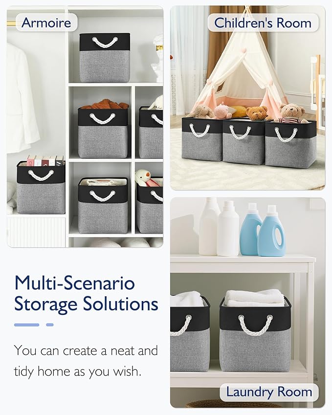11 Inch Storage Cubes 4-Pack, Foldable Fabric Organizer Bins with Rope Handles, Cube Storage Baskets for Closet Shelves and Home Organization(Dark/Gray)