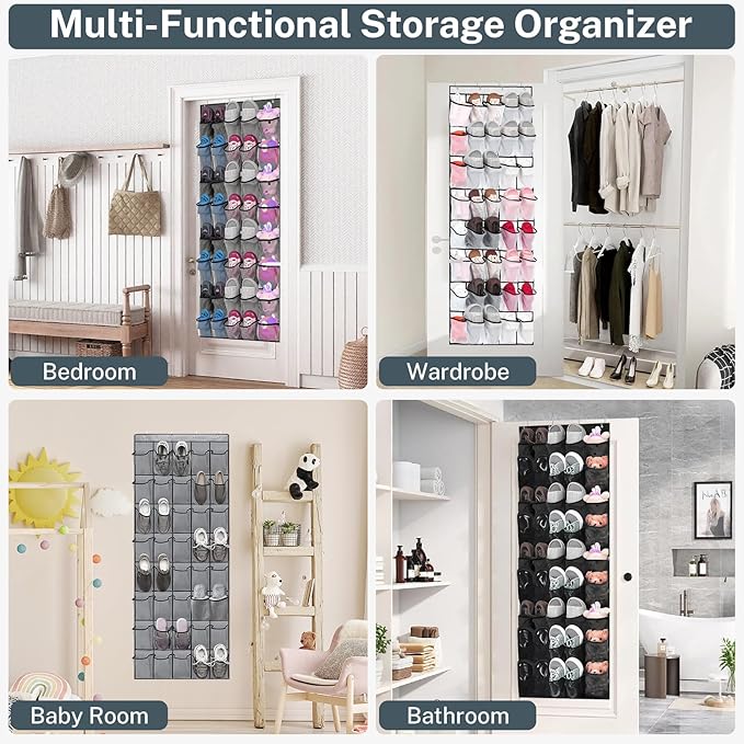 Over the Door Shoe Organizer,40-Pocket Hanging Shoe Rack for Closet Door,Shoes Storage Holder Hanger with Large Mesh Pocket for Women Men Shoes,Flip Flops(Black)