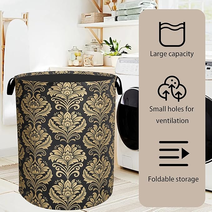Golde Black Damask Flowers Laundry Basket - Extra Large Foldable Washable Laundry Hamper with Handles, Storage Bin for Bathroom/Laundry/Bedroom/Dorm