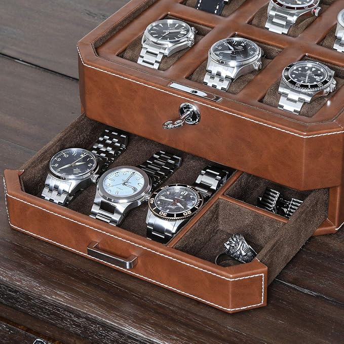 Gift Set 6 Slot Leather Watch Box with Valet Drawer - Luxury Watch Case Display Organizer, Microsuede Liner, Locking Jewelry Box, Mens Storage Boxes Holder Large Glass Top (Tan/Brown Gift Set)