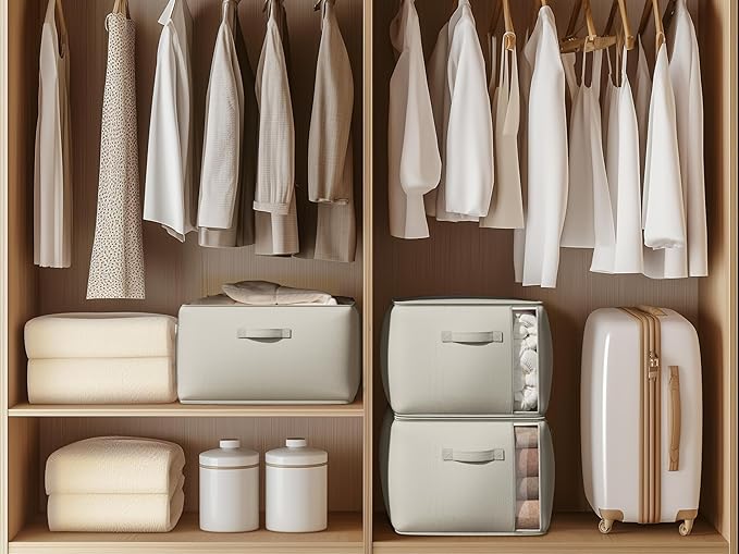 Large Canvas Comforter Storage Bags for Clothes Sweater Clothes Organizer with Dual Zipper Three Carrying Handles for Blanket Closet Storage Container, 3 Pack, Grey