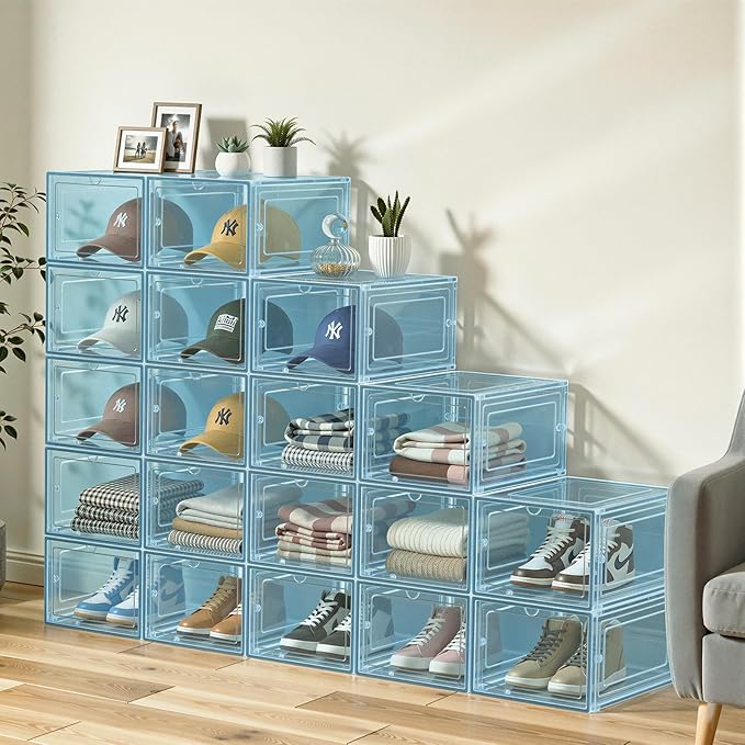 6 Pack Hat Organizer Box, Stackable Clear Baseball Caps Holder Box Containers with Magnetic Door for Hats Snapback Cap Storag, Hat Rack Display Case, Holds 8 Hats Each (Blue)