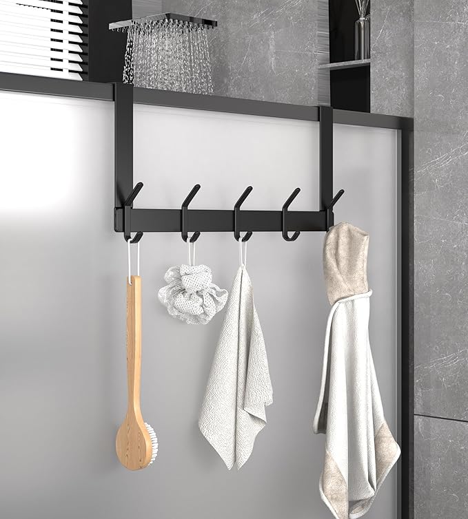 KitchLife Over The Door Hooks Hanger with 7 inches Extended Arms, Fit for 1-3/4" Doors, J18U, Thickened Bathroom Towel Rack Organization, 1 Pack Double-Hook, Matte Black