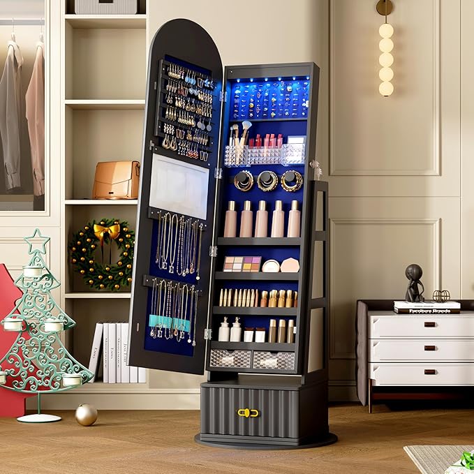 Full Length Mirror with Storage, 63" Mirror Jewelry Cabinet Standing, Rotating Jewelry Mirror Organizer Full Length, Lockable Jewelry Armoires with Velvet Lining for Women Gift
