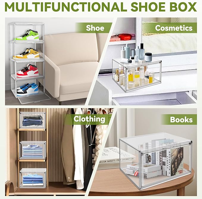 1 Pack Shoe Display Case Plastic Shoe Storage Box with Magnetic Acrylic Door Size 12.5, Transparent Sneaker Boxes Shoe Rack Substitute Closet Organizers Storage Bins, Easy Assembly