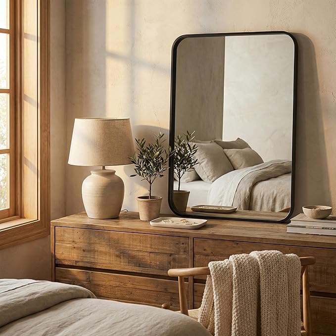 2 Pack Bathroom Mirrors for Over Sink, 24"x30" Matte Black Framed Vanity Mirror, Rounded Corner Rectangular Metal Mirror for Wall, Modern Farmhouse Industrial Decor