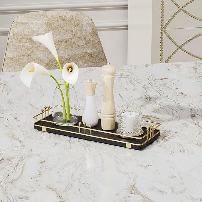 Bathroom Vanity Tray for Countertop Toiletries Perfume Makeup Soap Dispenser Toilet Tank, Kitchen Tray for Salt Spice, Decor Tray for Candle Nightstand Coffee 11.3”x 4.4” Black-Gold