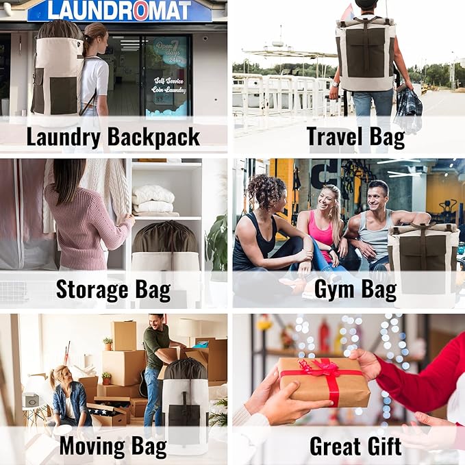 Laundry Bag Backpack, 125L Extra Large Laundry Backpack with Shoulder Straps, Adjustable Extendable Laundry Hamper Bag with 3 Pockets for College, Travel, Camping (Khaki)