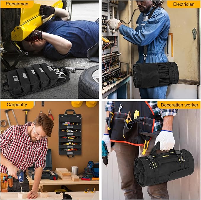 Tool Bag,Large Roll Up Tool Bag Organizer,13 Pockets Tool Roll Storage Pouch,Heavy Duty Portable Tool Storage Carrier Bag for Men,Mechanic,Electrician & Hobbyist,Black