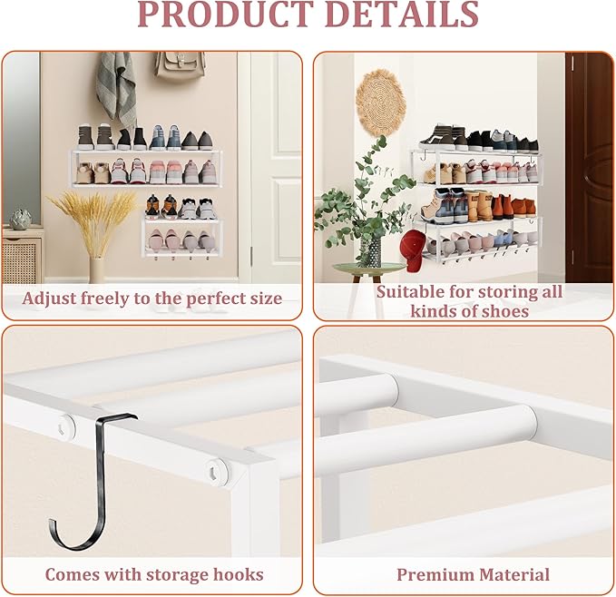 2 Pack Expandable Wall Mounted Shoe Rack, 17"-31" Adjustable Hanging Shoe Rack Holds 16 Pairs, Heavy Duty Metal Shoe Holder with 4 Storage Hooks, Space Saving for Entryway Closet Doorway(White