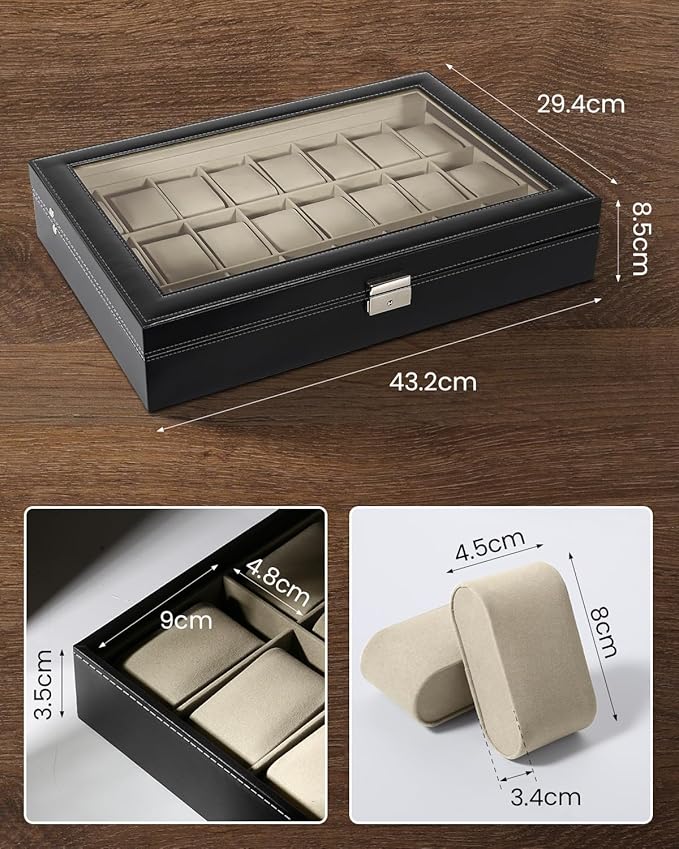 Uten Watch Box, 24 Slots Watch Case, Watch Box Organizer Jewelry Storage with Large Glass Lid, Watch Display Case, Watch Box for Men & Women