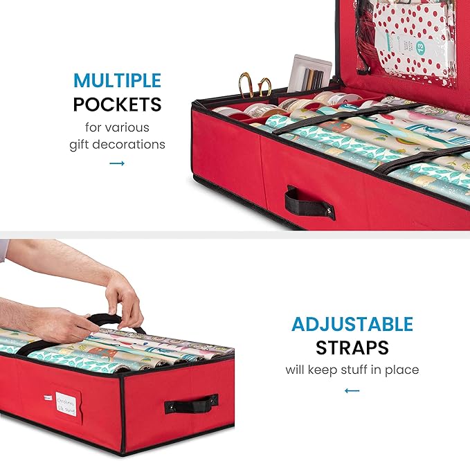 ZOBER Gift Wrapping Paper Organizer Storage - 40" Gift Wrap Storage Containers with Interior Pockets for Bows, Tags & Ribbons - Wrapping Paper Holder, 600D Oxford, Fits 24 Standard Rolls, Red/Black