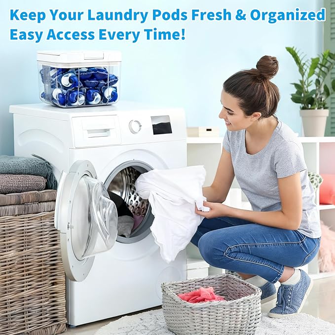 Laundry Pod Holder Compatible with Tide - Pod Storage Container, 98 fl oz/2.9L Powder Containers with Pop up Lid and Scoop, Laundry Room Storage Organizer for Pods and Scent Booster Beads