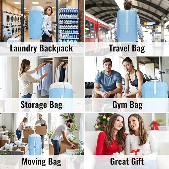 Laundry Bag Backpack, 125L Extra Large Laundry Backpack with Shoulder Straps, Adjustable Extendable Laundry Hamper Bag with 3 Pockets for College, Travel, Camping (Light Blue)