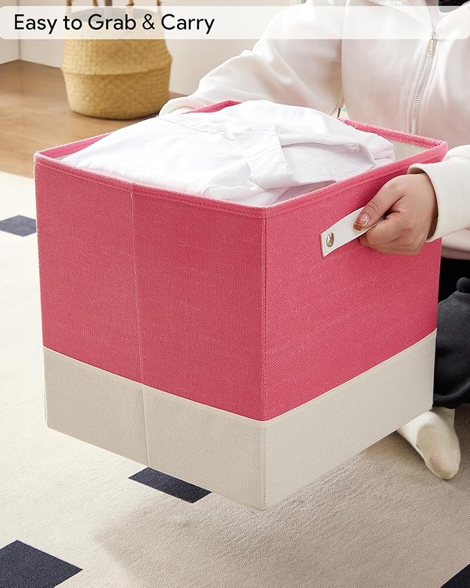 Storage Cube Bins | 7.7 oz/yd² Fabric Cubby Organizer Baskets for Shelf, Closet, Cabinet, Wardrobe | KALLAX Shelving Unit Insert Drawer | 4 Pack, Pink & White, 13x15x13 Inch