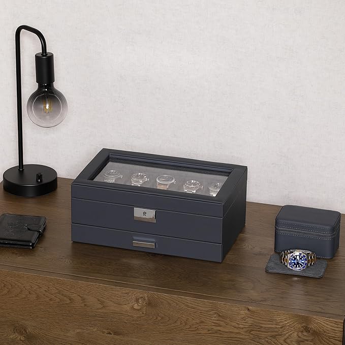 ROTHWELL 10-Slot Watch Box in Leather with Valet Drawer, Luxury Watch Case Display Organizer with Ultra Soft Microsuede Liner, Jewelry and Sunglass Holder With Large Glass top (Carbon)