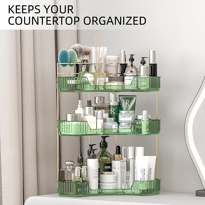 3 Tier Corner Bathroom Organizer Countertop, Vanity Makeup Organizer with Brush Holder, Space-Saving Skincare Storage Corner Shelf for Bathroom, Dressing Table, Kitchen