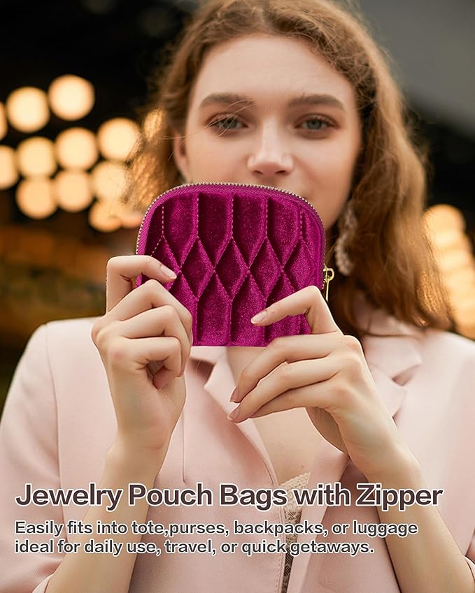 Small Travel Jewelry Case, Mini Travel Jewelry Bag with Zipper, 5-Layer Velvet Organizer Pouch for Bracelet Rings Earrings - Diamond Stitched Velvet Navy Blue