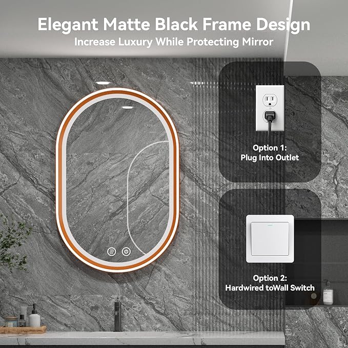 Led Bathroom Mirror with Lights, 24'' x 36'' Oval Heavy Duty Aluminum Frame Bathroom Vanity Mirror with Lights, 3 Colors, Brightness Stepless Dimmable, Anti-Fog, Memory Function, Double LED Orange