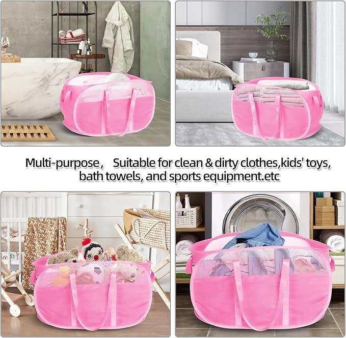 100L Collapsible Laundry Baskets, Tear Proof Pop Up Laundry Hamper with Dual Handles, Large Foldable Laundry Basket, Easy to Carry Laundry Hamper for Home, Laundry Room, Bedroom, Dorm, Travel Pink