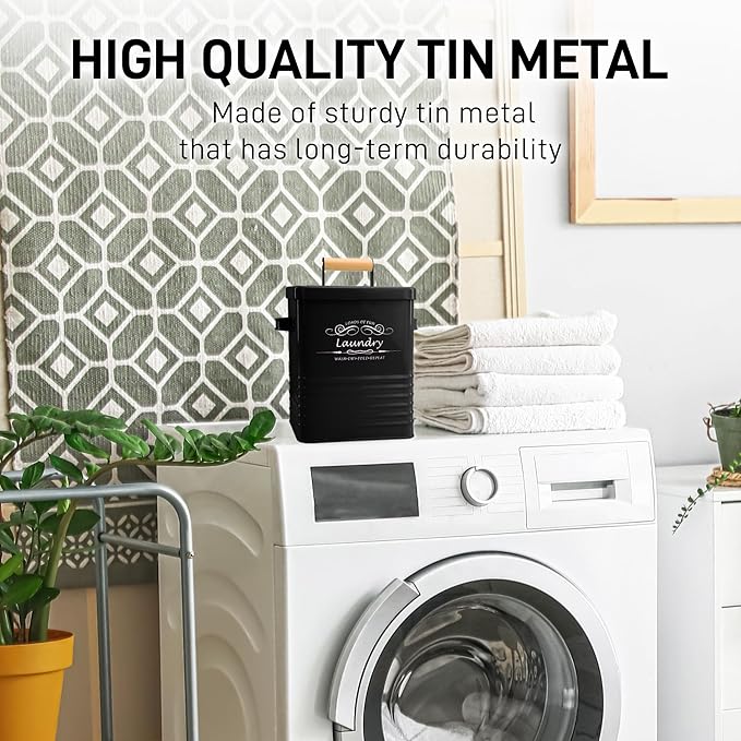 ELITAPRO Laundry Detergent Storage Container with Scoop & Lid - Modern Farmhouse Metal Powder Dispenser for Laundry Room Decor & Accessories - Organization & Storage (Black)